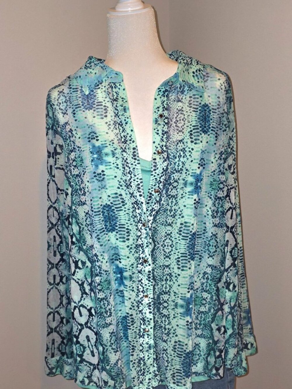 Teal blue snakeskin sheer blouse and camisole set size 3X